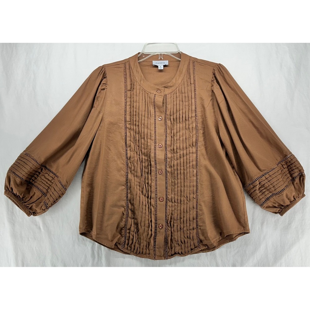 Evereve Cognac Brown Pintuck Lace Button Front Blouse 3/4 Balloon Sleeve Medium
